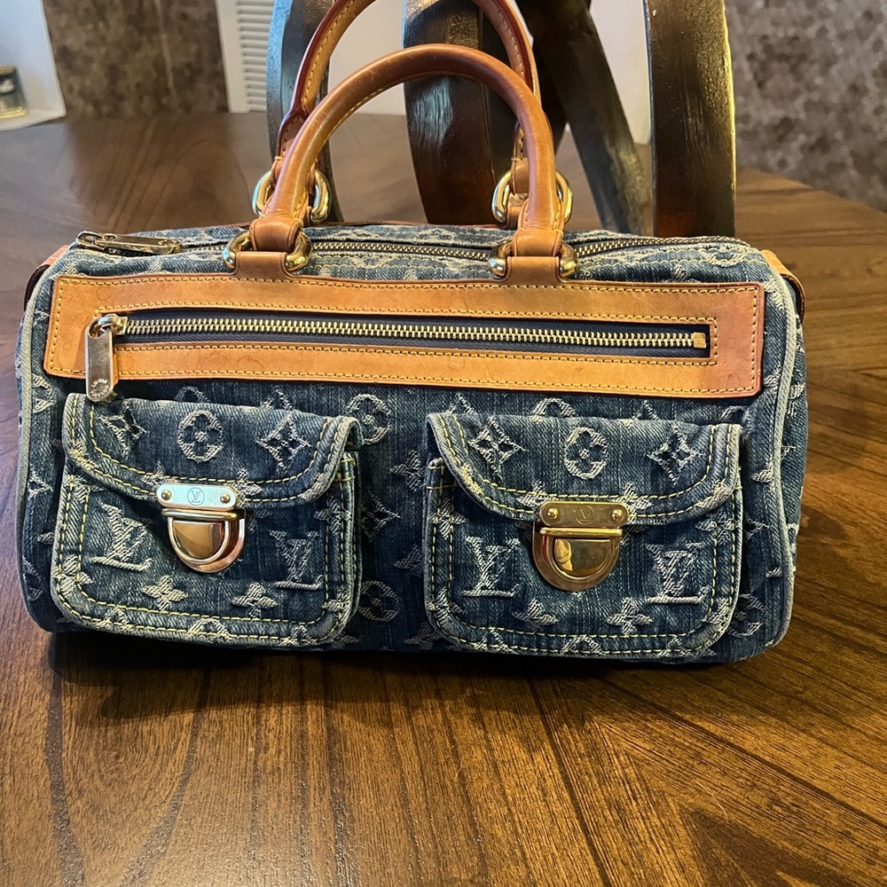 Louis Vuitton Denim Monogram Duffel Bag with Tan Accents